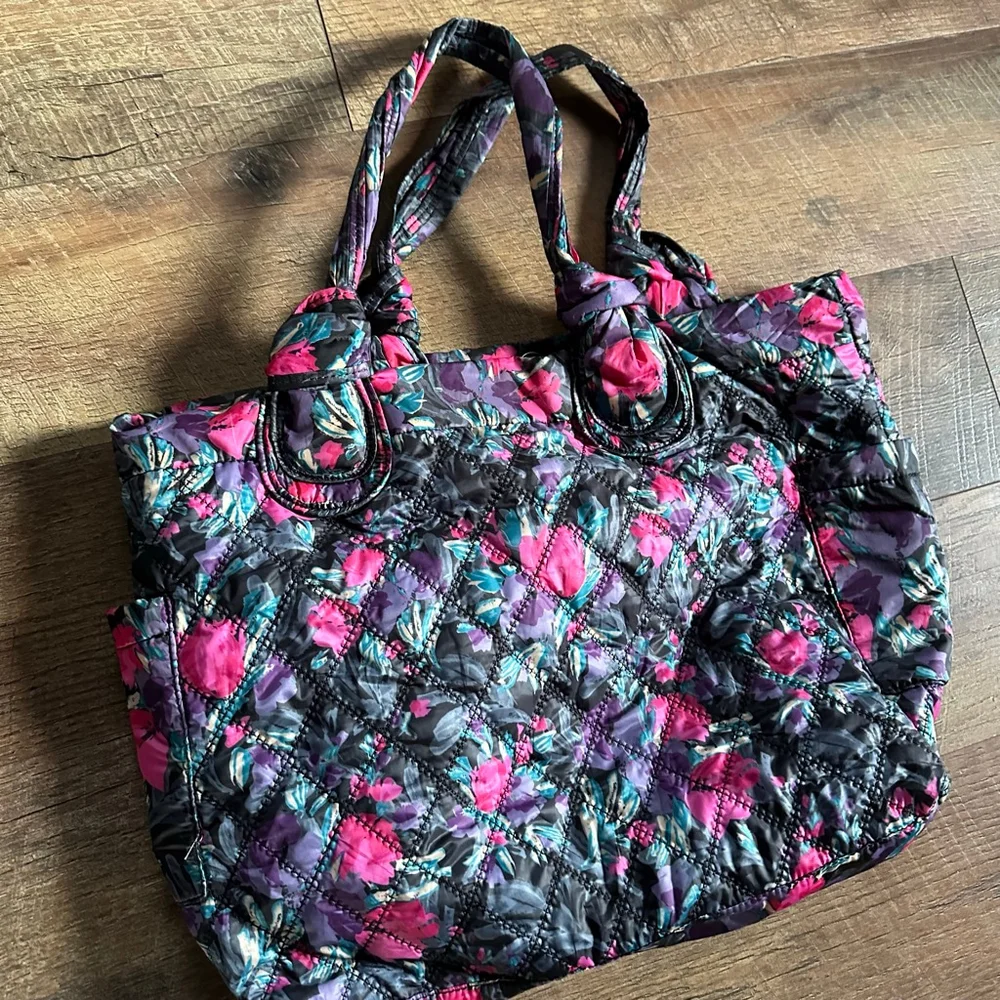 Women's Lulu Sport Floral Quilted Tote Bag in Black and Pink Easter
